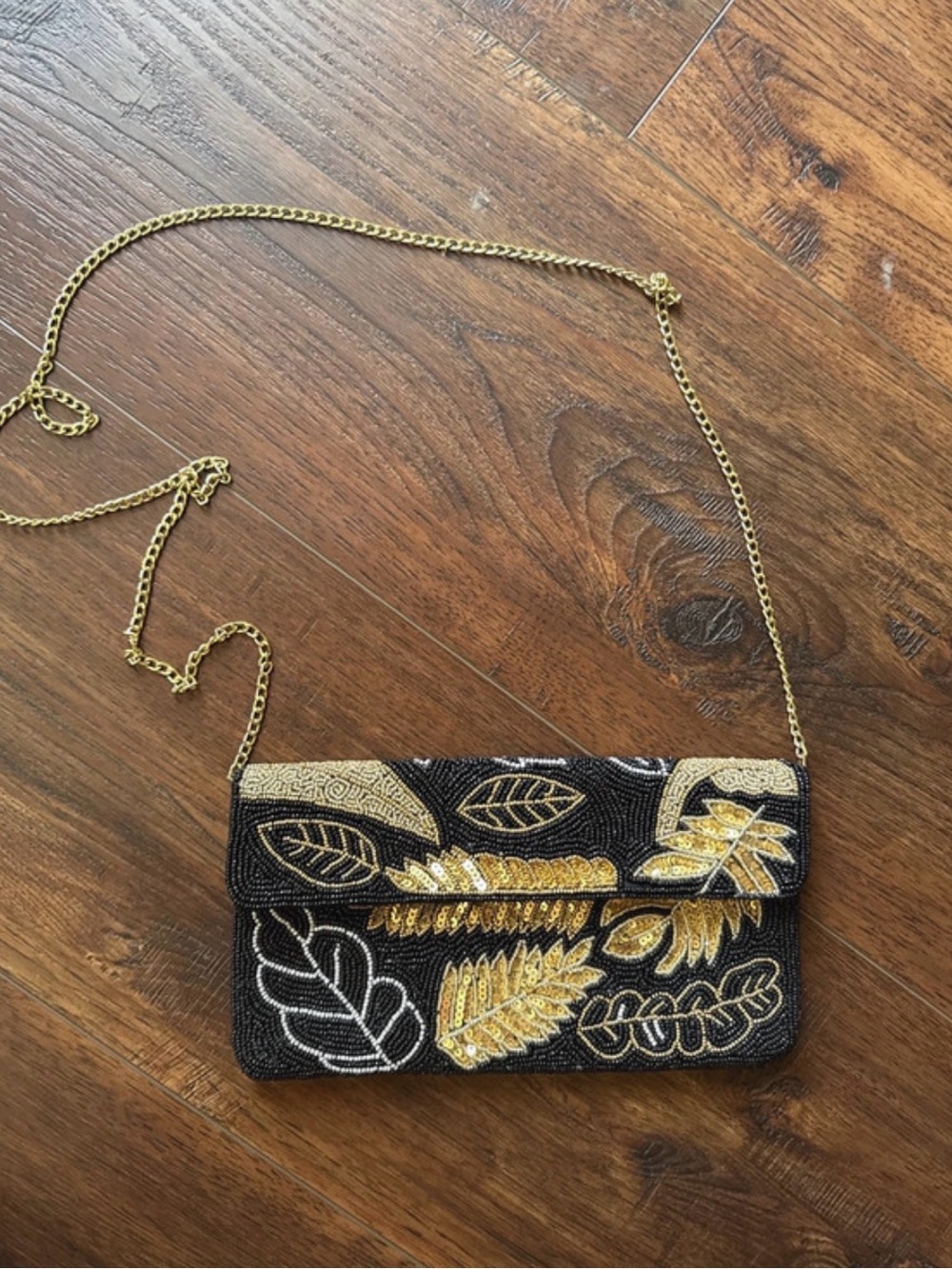 Gold & Black Beaded Leaf Crossbody Clutch
